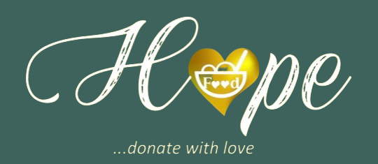 The word hope written in white in calligraphy style, with the letter O in the shape of a heart and the legend food. The strap line reads donate with love. 
